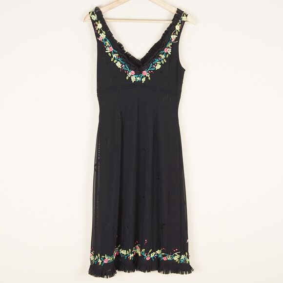 Sue Wong Floral Embroidered Beaded Black Sleeveless Mesh Y2K Dress Womens Sz 4 - Picture 2 of 7
